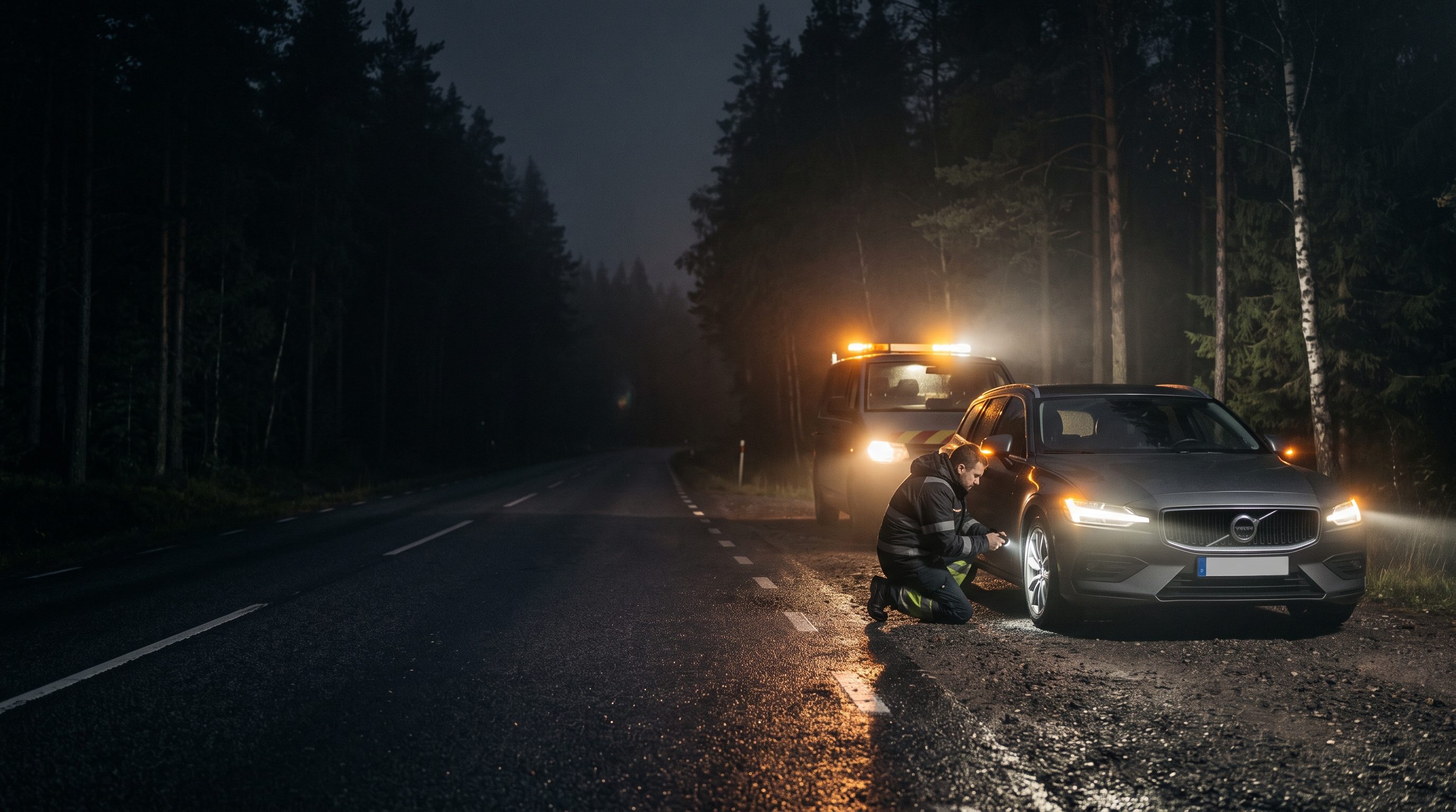 Teknikern hjälper en bilist vars bil har stannat vid vägkanten